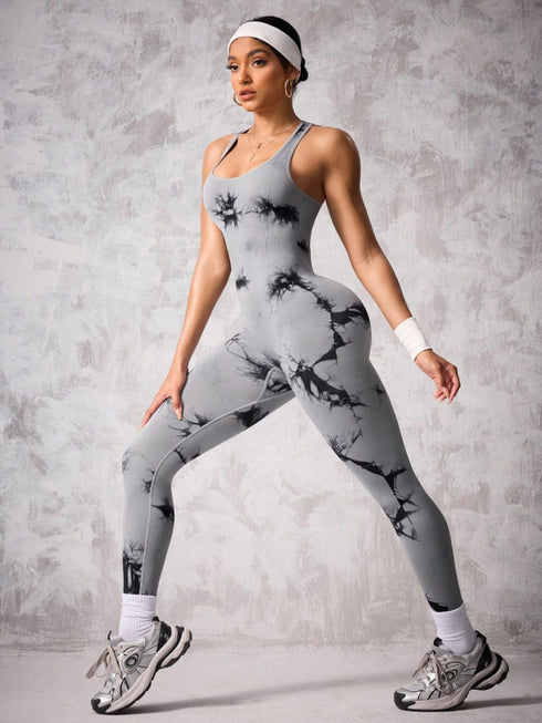 Back Crisscross Tie-Dye Scoop Neck Active Jumpsuit - Odaingerous